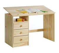 Bureau enfant écolier junior KEVIN pupitre inclinable avec 3 tiroirs 1 casier en pin massif vernis naturel Naturel G