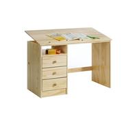 Bureau enfant KEVIN, en pin massif, 3 tiroirs et plateau inclinable, vernis naturel