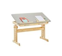 Bureau enfant écolier junior OLIVIA table à dessin réglable en hauteur et pupitre inclinable, 2 tiroirs en pin massif naturel/gris