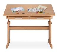Bureau enfant écolier junior OLIVIA table à dessin réglable en hauteur et pupitre inclinable avec 2 tiroirs en pin massif hêtre Couleur hêtre G