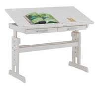 Bureau enfant écolier junior OLIVIA table à dessin réglable en hauteur et pupitre inclinable avec 2 tiroirs en pin massif blanc Blanc G