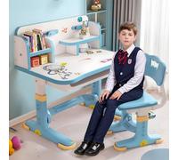 Bureau Enfant,Ensemble bureau et chaise d'étude pour enfants, ensemble de chaises table enfants réglable en hauteur avec motif d'astronaute, ergonomique grand tableau d'écriture, étagère Bleu