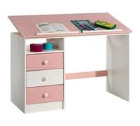 Bureau enfant KEVIN, en pin massif, 3 tiroirs et plateau inclinable, lasuré blanc et rose Blanc/Rose G