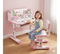 Bureau Enfant Réglable avec Chaise, Ensemble Bureau d’Étude 3-18 Ans avec Plateau Large Séparé et Tiroir de Rangement, Structure Métal et Panneau Haute Densité, Hauteur Ajustable (Rose)