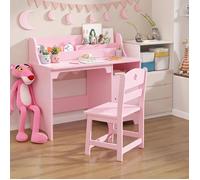 Bureau enfant rose avec chaise, table d'étude en bois robuste avec huche et armoire, poste écriture ergonomique, 3-8 ans