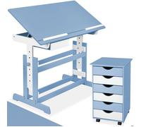 BUREAU ENFANT - TECTAKE - Ensemble Bureau Réglable en Hauteur et Inclinable Enfant et Caisson à Roulettes de Bureau 6 Tiroirs -