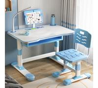 Bureau Ergonomique Réglable Enfant avec Chaise, Ensemble Bureau Évolutif 3-18 Ans avec Pupitre Inclinable, Surface Métal et Tiroir Extra-Large, Lampe LED Protection Yeux, Idéal Chambre Étude (Bleu)