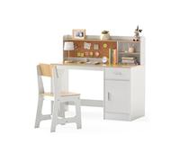 COSTWAY Ensemble Bureau Enfant avec Chaise, Étagère,Tiroir, Tableau en Liège& Armoire,5 Ans+, Table Enfant et Chaise,Naturel