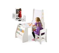 COSTWAY Table Enfant avec Chevalet 3 en 1 et Chaise - Tableau Blanc et Noir, Rouleau de Papier 2 Étagères Ouvertes et 2 Niveaux