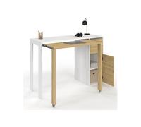 IDMarket – Bureau extensible Ron – Colonne de rangement, tiroir et placard – Blanc et bois