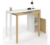 IDMarket – Bureau extensible Ron – Colonne de rangement, tiroir et placard – Blanc et bois