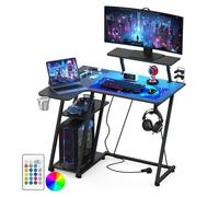Bureau Gamer LED - VIVOLILV - Bureau D'ordinateur Forme L Multifonctionnel - Prise Electrique - Porte-Gobele - Crochet pour Casque