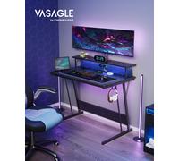 Bureau Gaming avec LED et Multiprise,avec Rehausseur d’Écran, pour 2 Ordinateurs, 100 x 60 x 76 cm, Noir Boisé noir