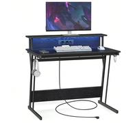 Bureau Gaming Avec Led Et Multiprise, Bureau Informatique Avec Rehausseur D'écran, 60 X 100 X 75 Cm, Noir Boisé Noir