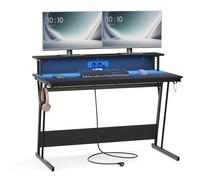 Bureau Gaming Avec Led Et Multiprise, Bureau Informatique Avec Rehausseur D'écran, 60 X 120 X 75 Cm, Noir Boisé Noir