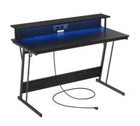 Bureau Gaming Avec Led Et Multiprise, Table Gamer, Noir Boisé