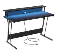 Bureau Gaming Avec Led Et Multiprise, Table Gamer, Noir Carbone