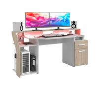 Bureau gaming avec LED Silver - Décor chêne et mélamine blanc brillant - L 178 x P 88 x H 68 cm - PARISOT