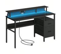 Bureau Gaming avec lumières LED et Multiprise, avec support d'écran, 2 Tiroirs, 2 Ports USB, Noir Noir