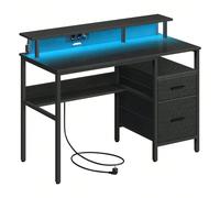 Bureau Gaming avec lumières LED et Multiprise, Bureau Informatique avec support d'écran, Table avec rangement, 2 Tiroirs, 2 Ports USB, Marron Rustique