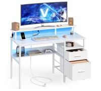 Bureau Gaming, avec Tiroirs en Tissu, avec Support d'Écran, Lumières LED, 55 x 120 x 90 cm, 2 Ports USB, Blanc Érable