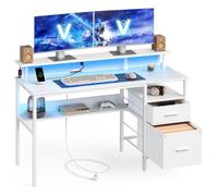 Bureau Gaming, avec Tiroirs en Tissu, avec Support d'Écran, Lumières LED, 55 x 135 x 90 cm, 2 Ports USB, Blanc Érable