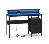 Bureau Gaming, avec Tiroirs en Tissu, Support d'Écran, Lumières LED, 135,1 x 55,1 x 90,1 cm, Multiprise, 2 Ports USB, Noir