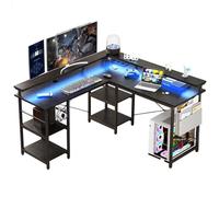 Bureau gaming d’angle en L avec LED RGB, multiprise 4 prises + 2 USB, rangement modulable E1