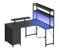 Bureau Gaming d'Angle Réversible avec LED et Ports USB, Table en L, Étagères, Support d'Écran, 3 Tiroirs, 140 x 100 cm, Noir