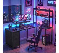 Bureau Gaming d'Angle Réversible avec LED et Ports USB, Table en L, Étagères, Support d'Écran, 3 Tiroirs, 160 x 100 cm, Noir