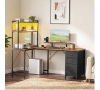 Bureau Gaming d'Angle Réversible avec LED et Ports USB, Table, Étagères, Support d'Écran, 3 Tiroirs, 160 x 100 cm, Marron Rustique