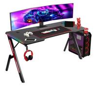 Bureau Gaming RGB 160 x 60cm, Grande Bureau Gamer avec Un Plateau en Fibre de Carbone avec Tapis de Souris, Porte-gobelet et