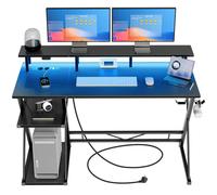 Bureau Gaming SEVEN WARRIOR avec Éclairage LED et Prises, Table Informatique avec Support Écran & Support Unité Centrale, Bureau avec 2 Crochets & Repose-Pieds, Idéal pour Chambre ou Bureau