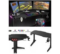 Bureau Gaming tapis intégral LED RGB 140 x 60 Grand Bureau Gamer avec Plateau en BOIS MDF Noir + LEDS RGB + Porte-gobelet +Support