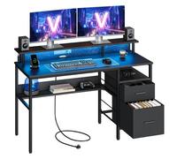 Bureau Gaming avec lumières LED et Multiprise, avec support d'écran, 2 Tiroirs, 2 Ports USB, Noir Noir