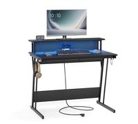 Bureau Gaming - VASAGLE - Noir Carbone - LED - Rehausseur d'Écran - 60x100x76cm