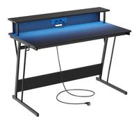 Bureau Gaming VASAGLE - Noir Carbone - Rehausseur d'Écran - LED - Multiprise - 60x120x76cm