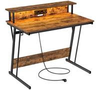 Bureau Gaming VASAGLE pour 2 Ordinateurs LED et Multiprise Marron Rustique