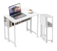 Bureau - HOMCOM - pliable - sur roulettes - 80 x 50 cm - étagère et sac de rangement - blanc