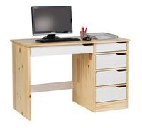 Bureau HUGO avec rangement 5 tiroirs style scandinave en pin massif vernis naturel et lasuré blanc