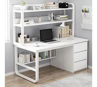 Bureau industriel à domicile avec armoire et bibliothèque, 3 tiroirs, poste de travail de 119,4 cm, bureau d'ordinateur moderne pour la maison et le bureau, finition blanche