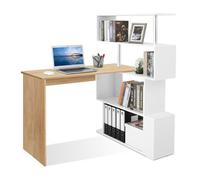 Bureau informatique avec étagère de 4 niveaux contemporaine - multi-rangements, Blanc&Naturel - MONDEER