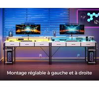 Bureau Informatique avec Ports USB, Prises de Courant, Bande LED, Tiroirs et Caisson de Rangement, Bureau d’Angle Réversible pour le Gaming avec Étagère pour Écran et Espaces de Stockage pour Bureau à