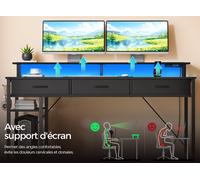 Bureau Informatique avec Ports USB, Prises Électriques, Bande LED, Tiroirs et Caisson à Dossiers Bureau d’Angle Réversible pour Gamer avec Étagère pour Moniteur et Rangements pour Bureau à Domicile