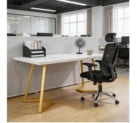 Bureau informatique rectangulaire effet marbre - TCQPZ - en métal et bois blanc doré 140 × 80 × 75 cm