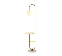 Bureau Lampadaire Arc LED à base de marbre véritable avec chevet en | Table d'appoint et port de chargement USB intégré for salon, canapés, chambre à coucher(Gold)