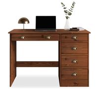 Bureau LANA avec rangement 5 tiroirs et poignées en forme de coquille, en pin massif coloris brun foncé