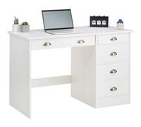 Bureau LANA avec rangement 5 tiroirs et poignées en forme de coquille, en pin massif lasuré blanc Blanc G
