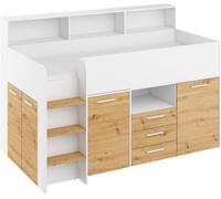 BIM Furniture NEO L Lit superposé pour enfant, ensemble de meubles pour une chambre d'enfant, un lit avec bureau, étagères, tiroirs : côté gauche (blanc/chêne artisanal)