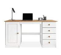 IDIMEX Bureau avec Rangement Manager L 145 cm en Bois Massif, Coloris Blanc et chêne, Bureau avec 4 tiroirs et 1 Porte battante, Un Large Plateau, Style Classique